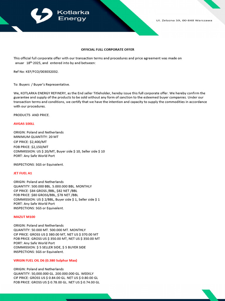 Corporate Offer for Fuel Products 2025 | PDF | Bill Of Lading | Cargo