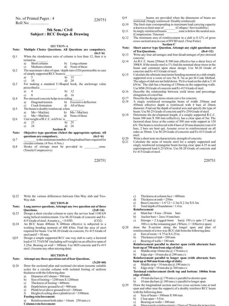 RCC Design & Drawing Exam Questions | PDF | Beam (Structure ...