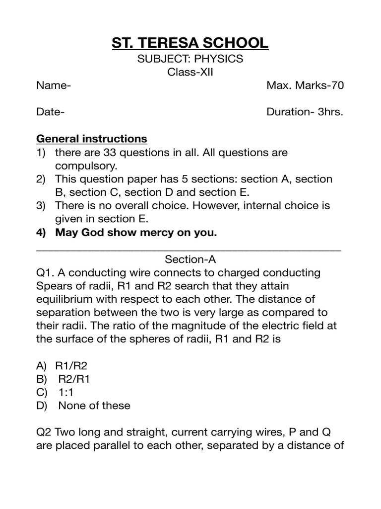 Class XII Physics Question Paper | PDF | Capacitor | Electromagnetic ...