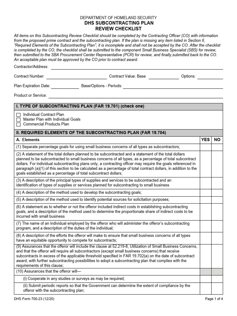 DHS Subcontracting Plan Review Checklist | PDF | Subcontractor | Offer ...