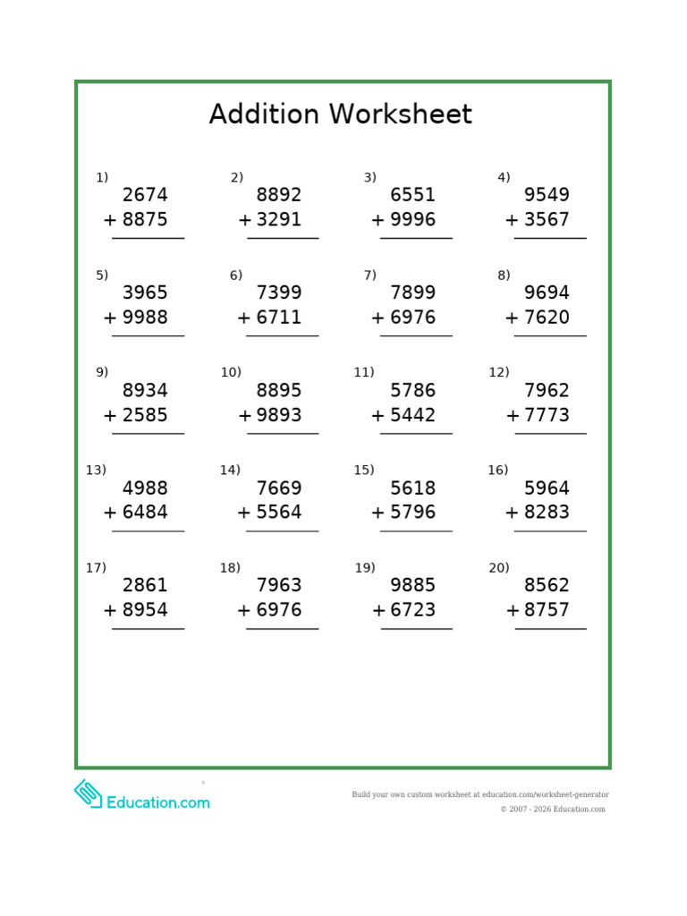 Custom Addition Worksheet Generator | PDF