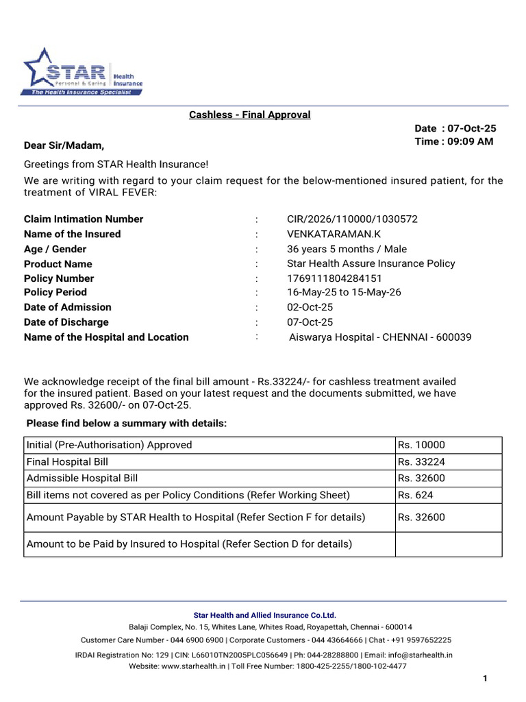 Star Health Insurance Claim Approval | PDF