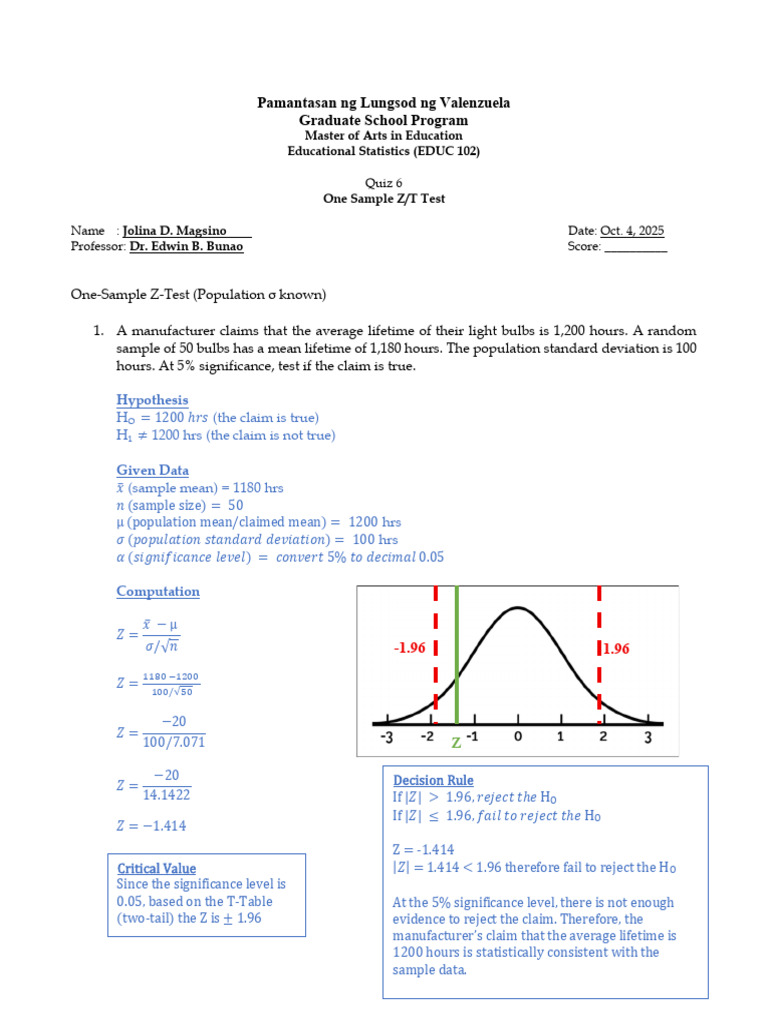 1_One Sample Z_T Test | PDF | Statistical Significance | Statistical ...