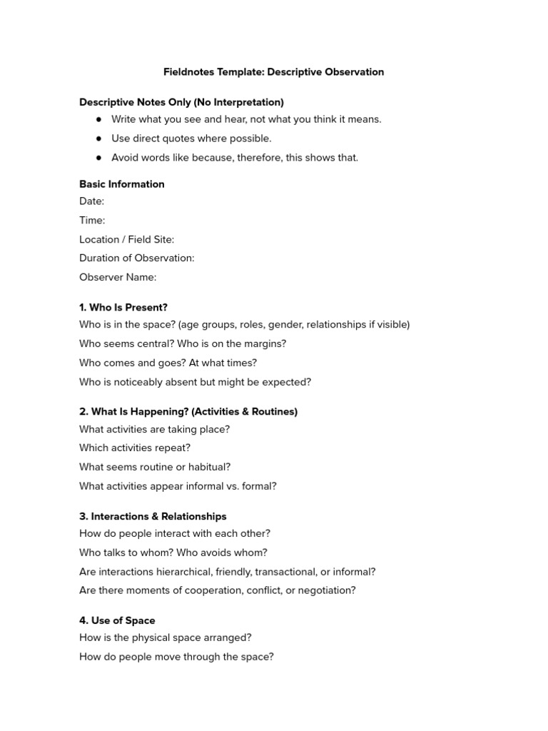 Fieldnotes Template for Observational Research | PDF