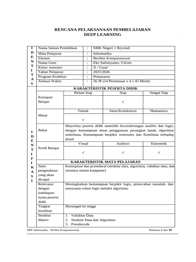 RPP Deep Learning SMK Informatika | PDF