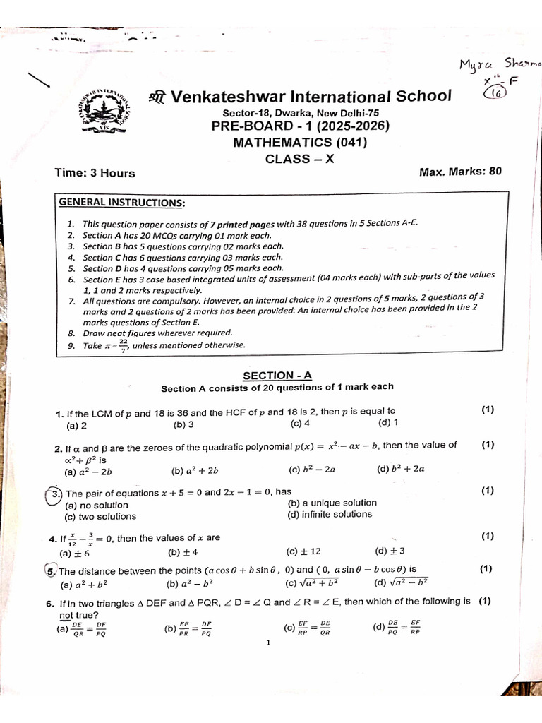 Myra Maths Preboard-1 | PDF
