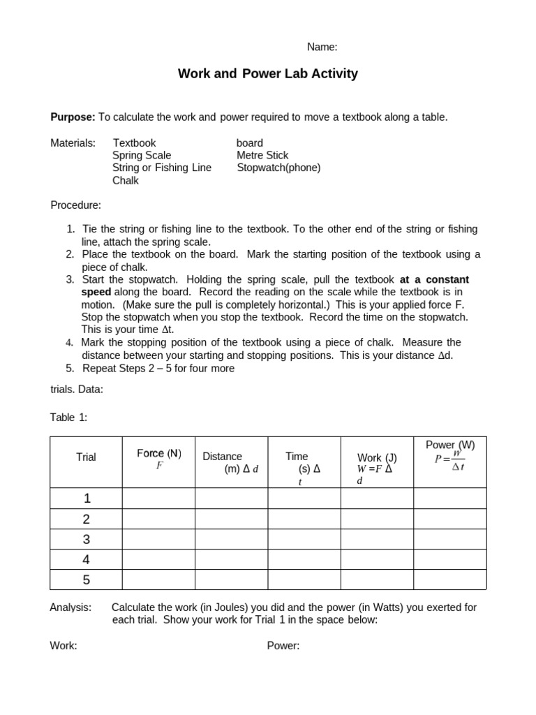 Work and Power Lab: Textbook Experiment | PDF