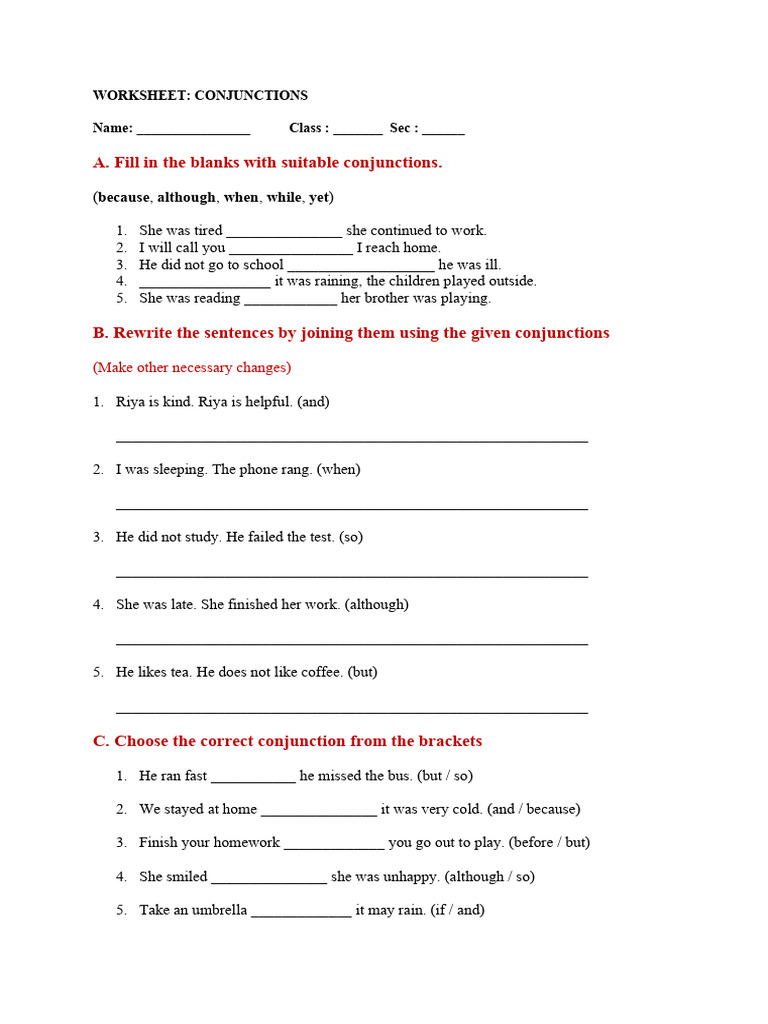 Conjunctions Worksheet for Students | PDF