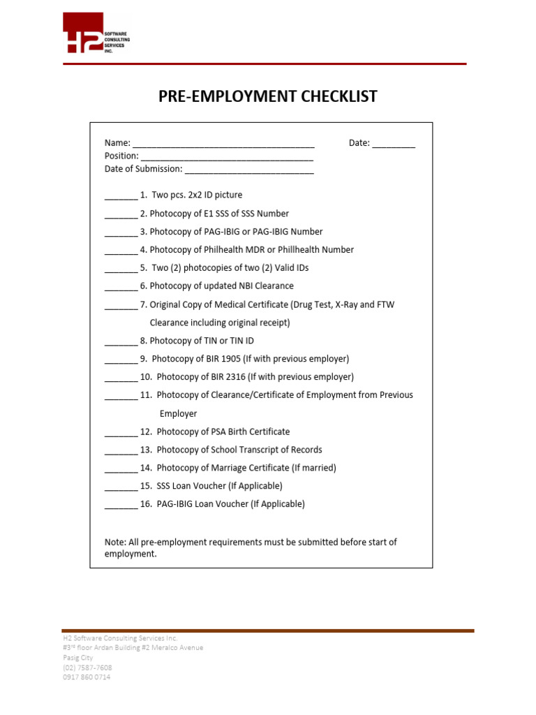 Pre-Employment Checklist Template | PDF