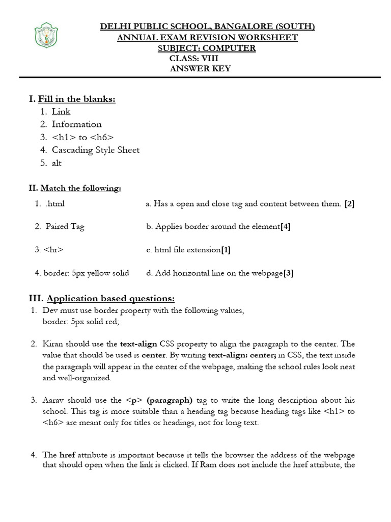 Computer Revision Worksheet for Class VIII | PDF | Html | Html Element