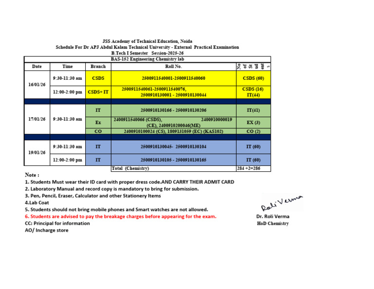 B.Tech Chemistry Lab Exam Schedule 2025-26 | PDF