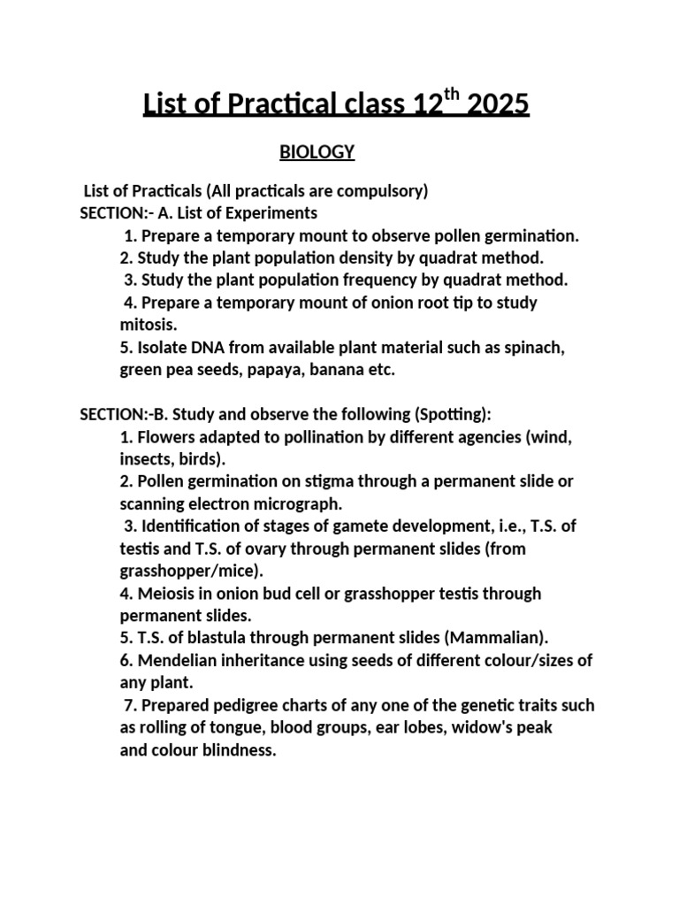 Class 12 Biology Practical List 2025 | PDF