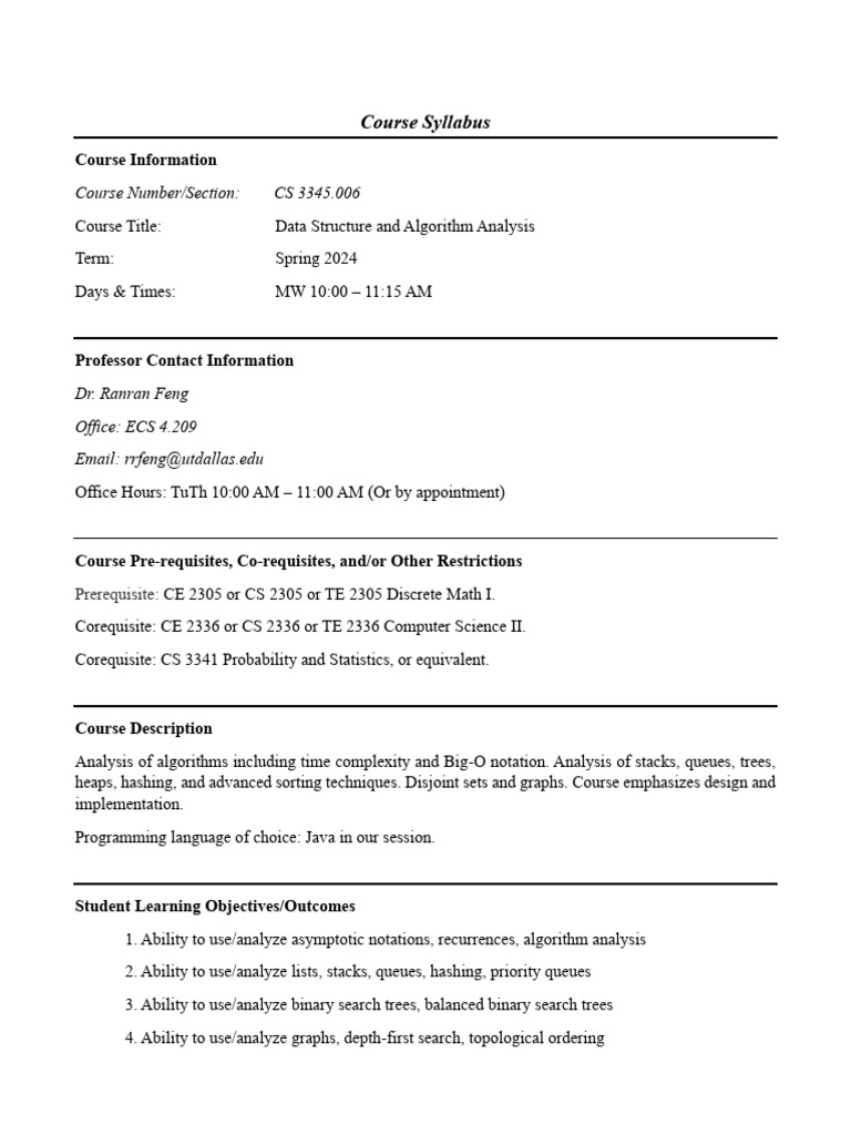 Data Structures and Algorithms Syllabus | PDF | Academic Dishonesty ...
