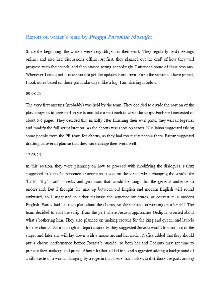 Writer and Prop Team Report for Oedipus | PDF | Oedipus | Theban Mythology