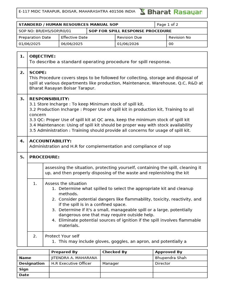 Spill Response SOP for Bharat Rasayan | PDF | Waste | Pollution