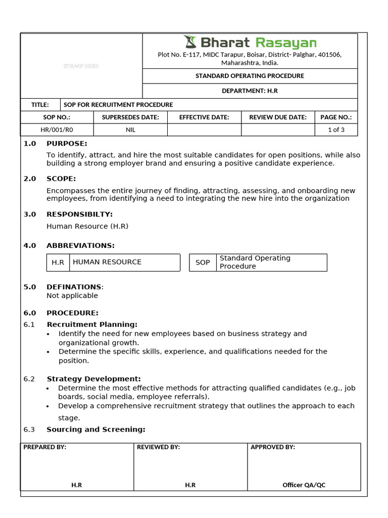 Recruitment Procedure SOP for HR | PDF | Recruitment | Workplace
