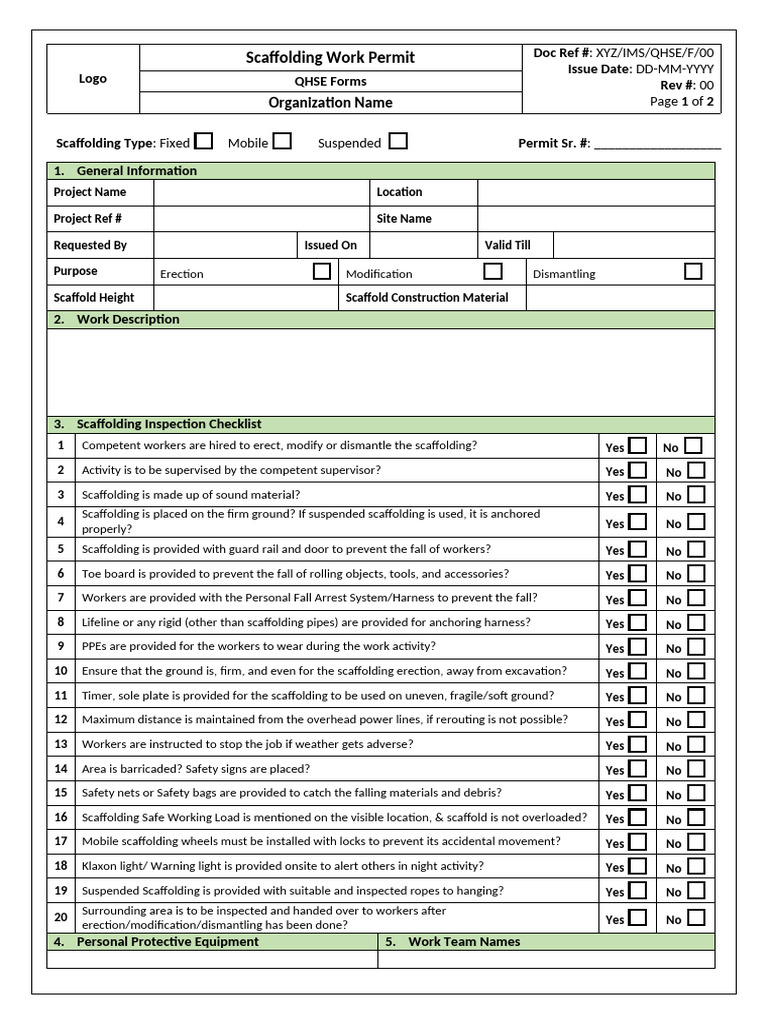 Scaffolding Work Permit Template | PDF | Scaffolding