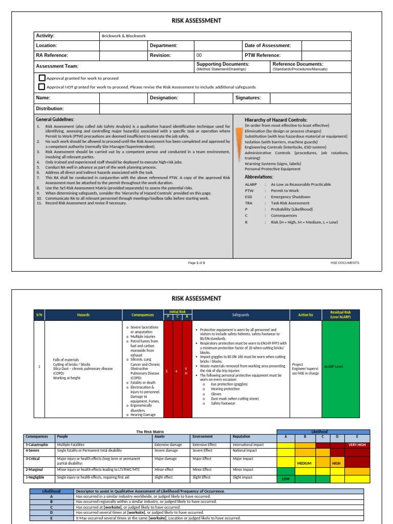 Risk Assessment for Brickwork Tasks | PDF | Risk Assessment | Risk