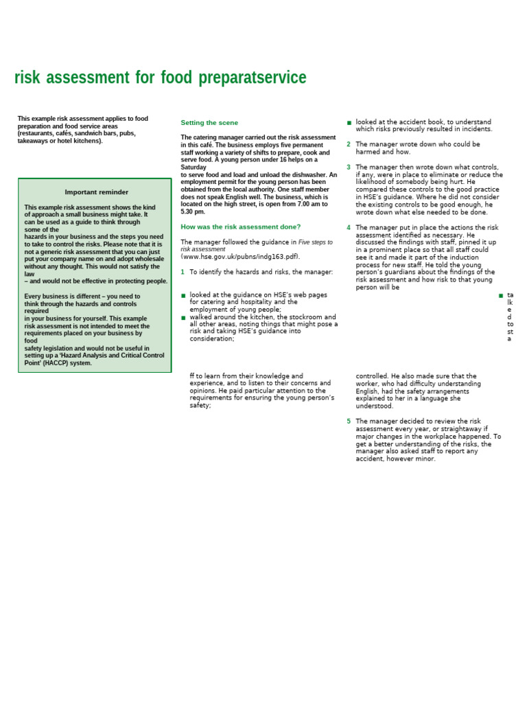 Food Preparation Risk Assessment Guide | PDF | Housekeeping | Risk ...
