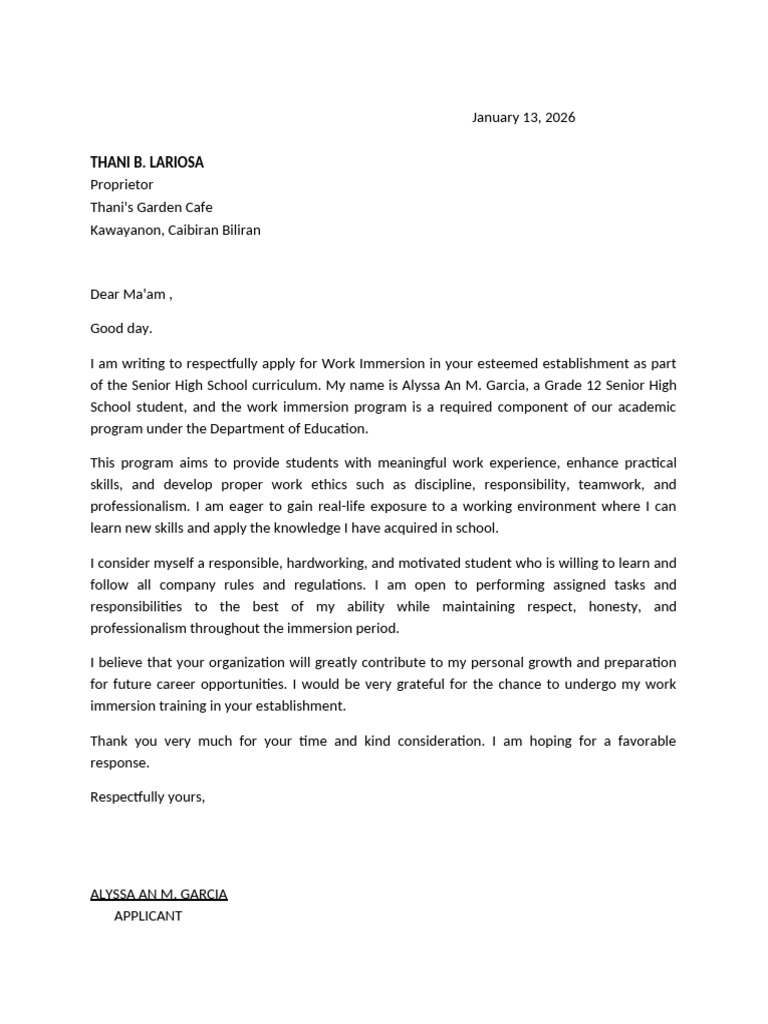 Work Immersion Application Letter | PDF