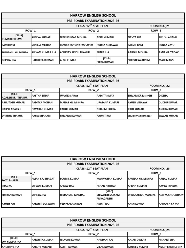 Class 12 Pre-Board Seat Plan 2025-26 | PDF
