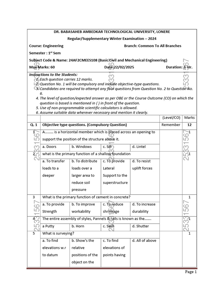 Winter 2024 Engineering Exam Paper | PDF | Mechanical Engineering
