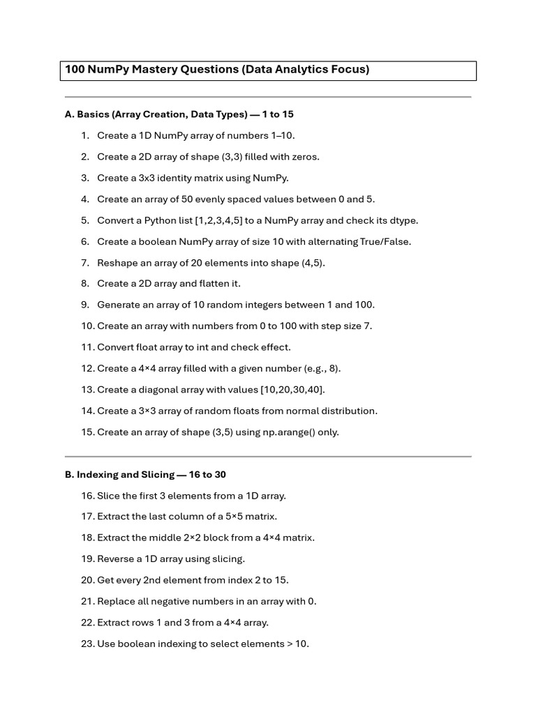 100 NumPy Questions for Data Analytics | PDF | Matrix (Mathematics ...