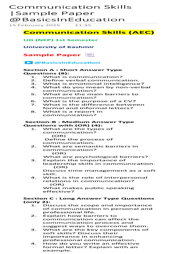 Communication Skills Sample Pap | PDF