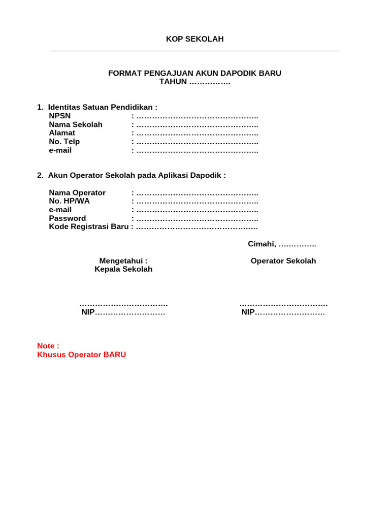 Format Pengajuan Akun Dapodik Sekolah | PDF