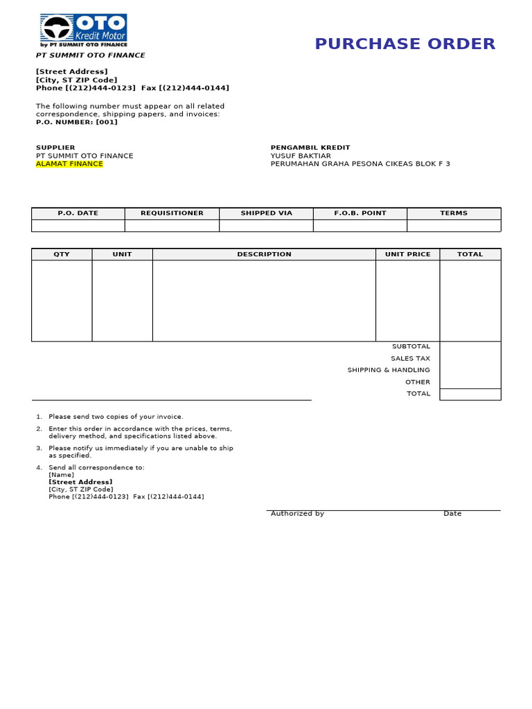 Purchase Order Format Sample | PDF