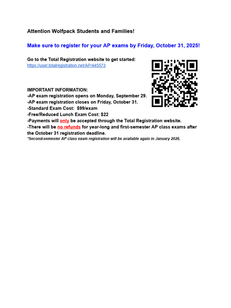 AP Exam Registration - Payment Flier - Fall 2025 | PDF