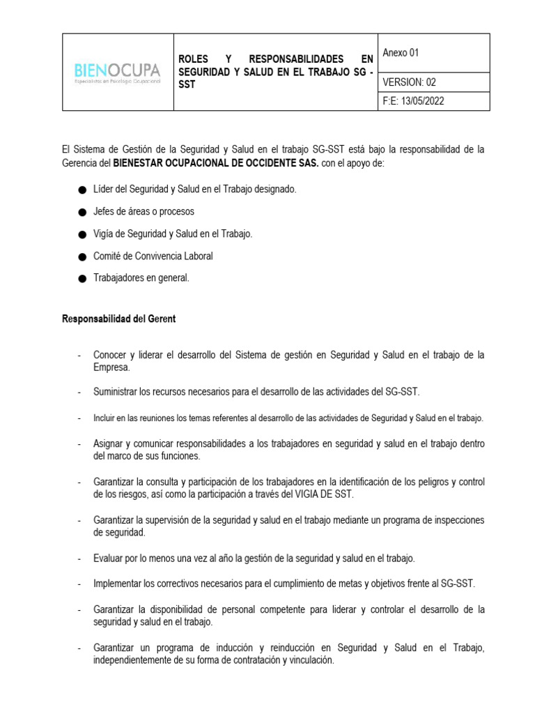 Roles en Seguridad y Salud Laboral SG-SST | PDF | Valores