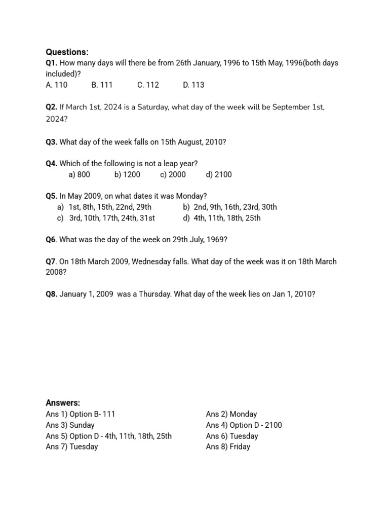 Date Calculation and Day Quiz | PDF