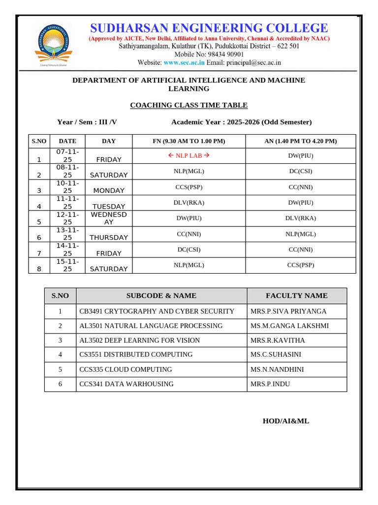 AI & ML Coaching Class Timetable 2025 | PDF