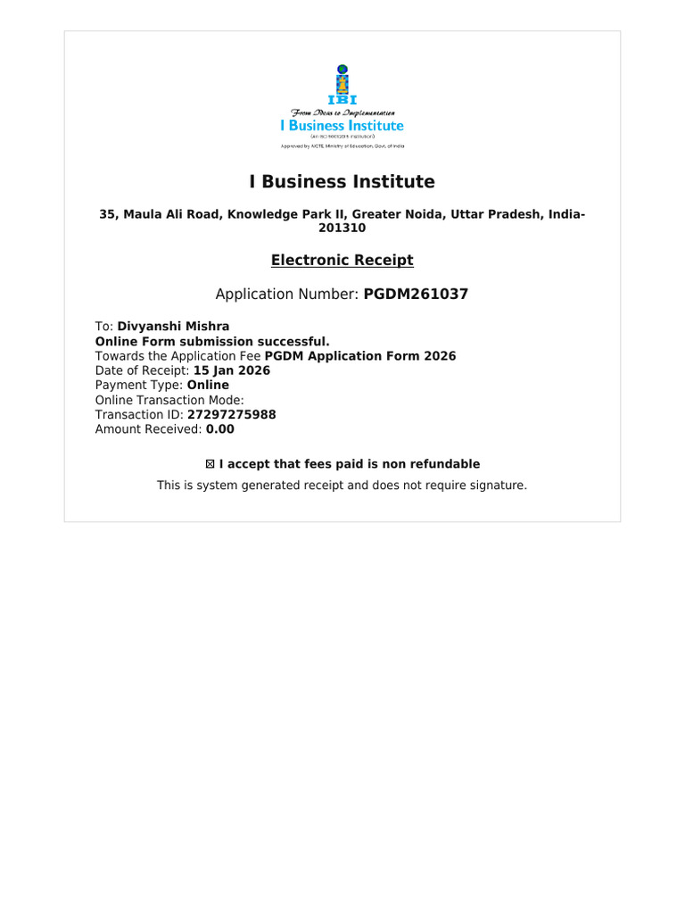 PGDM Application Fee Receipt 2026 | PDF