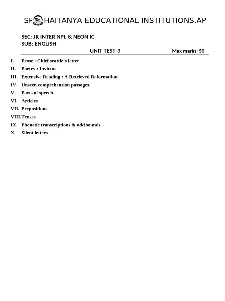 English Unit Test 3 Syllabus | PDF