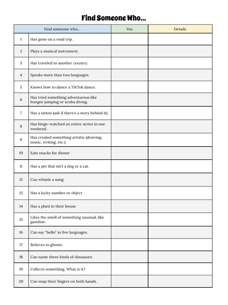Find Someone Who: Interactive Activity Guide | PDF