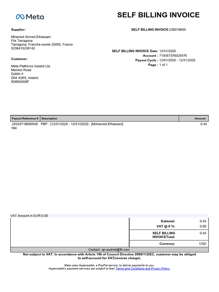 Self Billing Invoice for Meta Platforms | PDF | Invoice | Payments