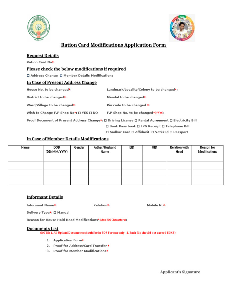 Ration Card Modification Application Form | PDF