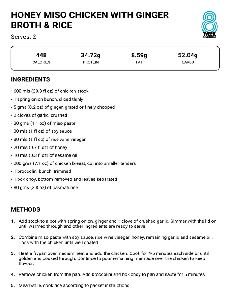 Honey Miso Chicken With Ginger Broth & Rice | PDF