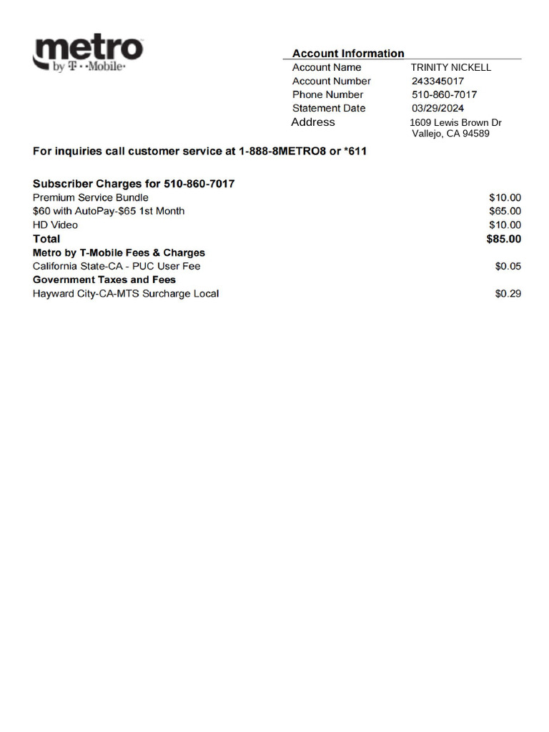 Metro Bill For 1609 Lewis Brown Dr. | PDF