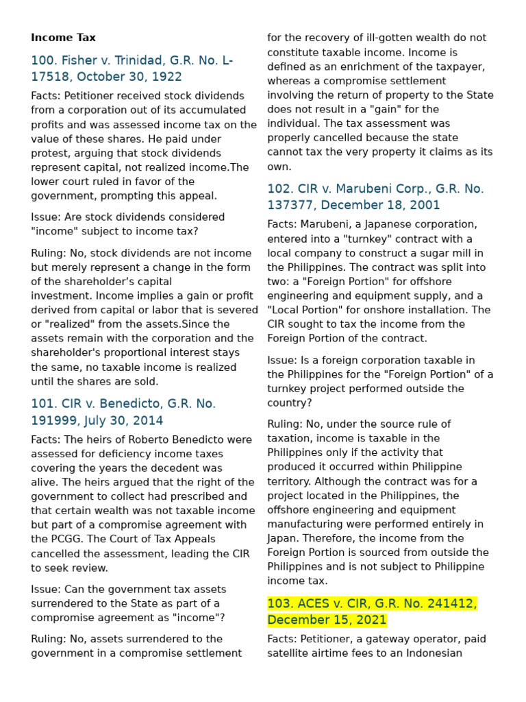 Income Tax Case Summaries and Rulings | PDF | Taxes | Capital Gains Tax