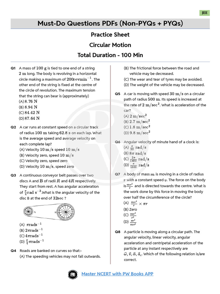 JEE Circular Motion Practice Questions | PDF | Acceleration | Velocity