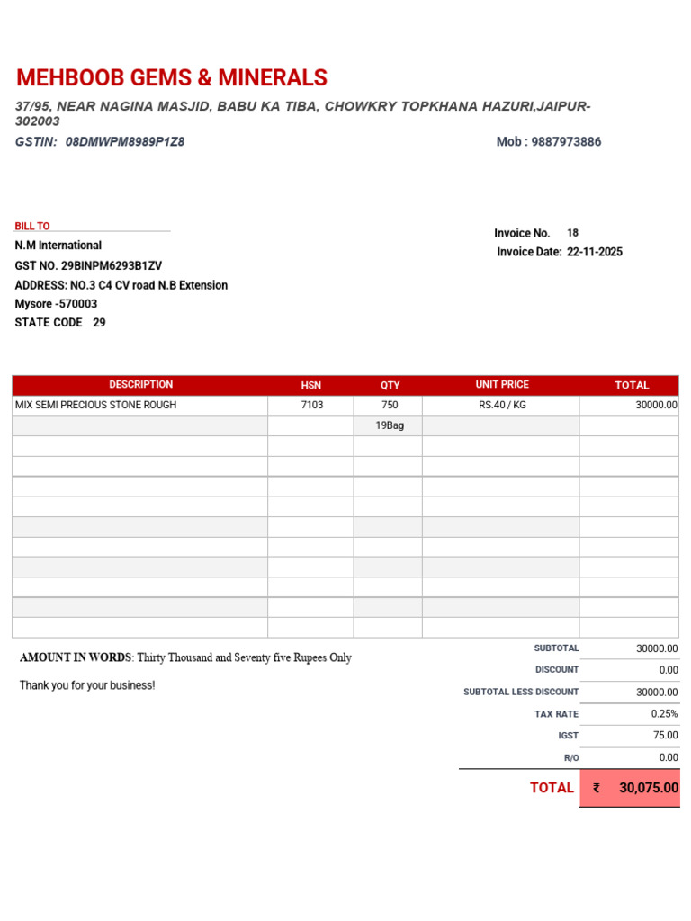 Invoice for Semi Precious Stones Sale | PDF