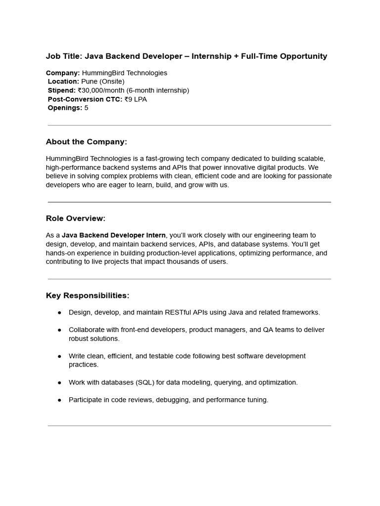 Java Backend Developer Internship in Pune | PDF