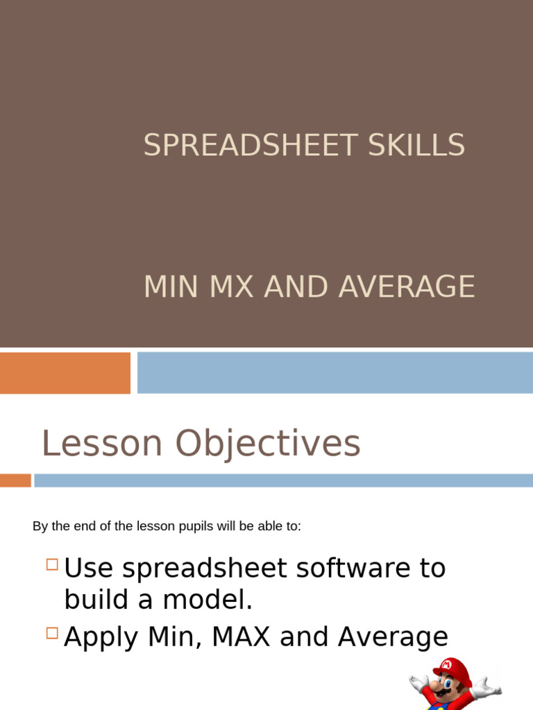 Spreadsheet Skills: Min, Max, Average Functions | PDF