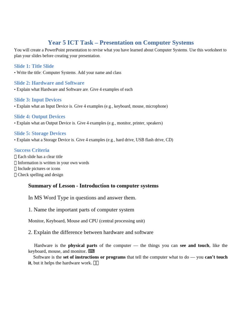 Year 5 Computer Systems Presentation Guide | PDF | Computer Hardware ...