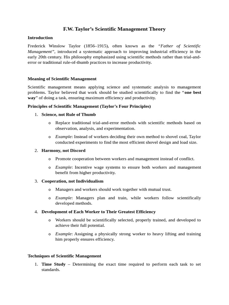 F.W. Taylor's Scientific Management Overview | PDF | Economies | Business