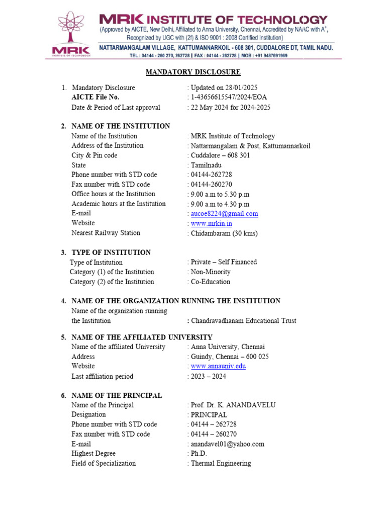 MRK Institute of Technology Disclosure | PDF | Doctor Of Philosophy ...