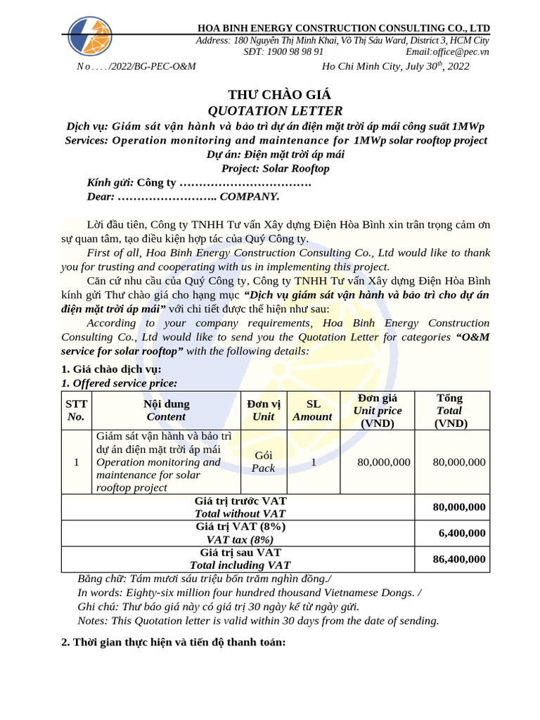 SR - O&m Quotation Letter - Pec - Sample | PDF